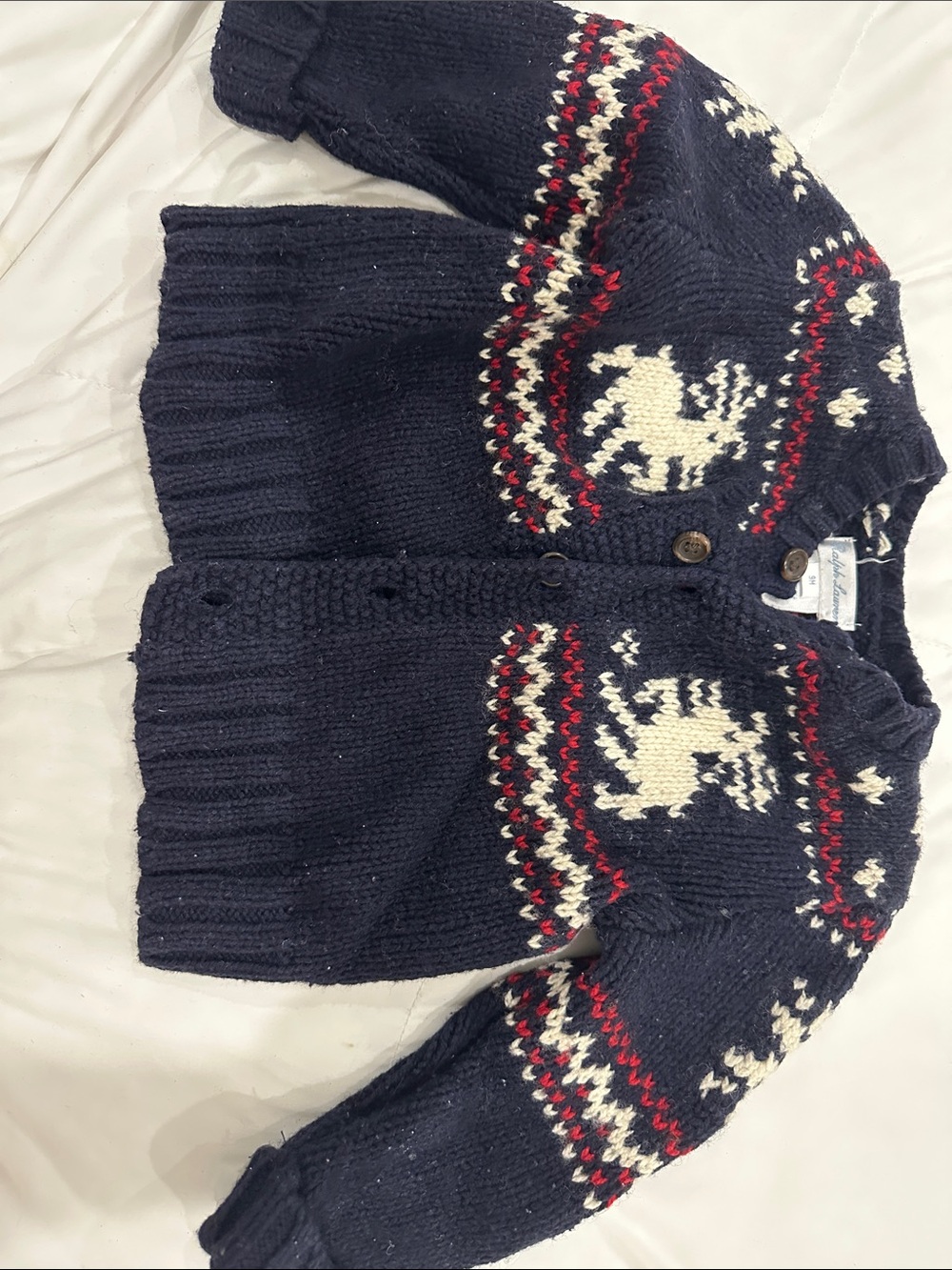 Ralph Lauren Navy Blue Knit Cardigan with White and Red Fair Isle Reindeer